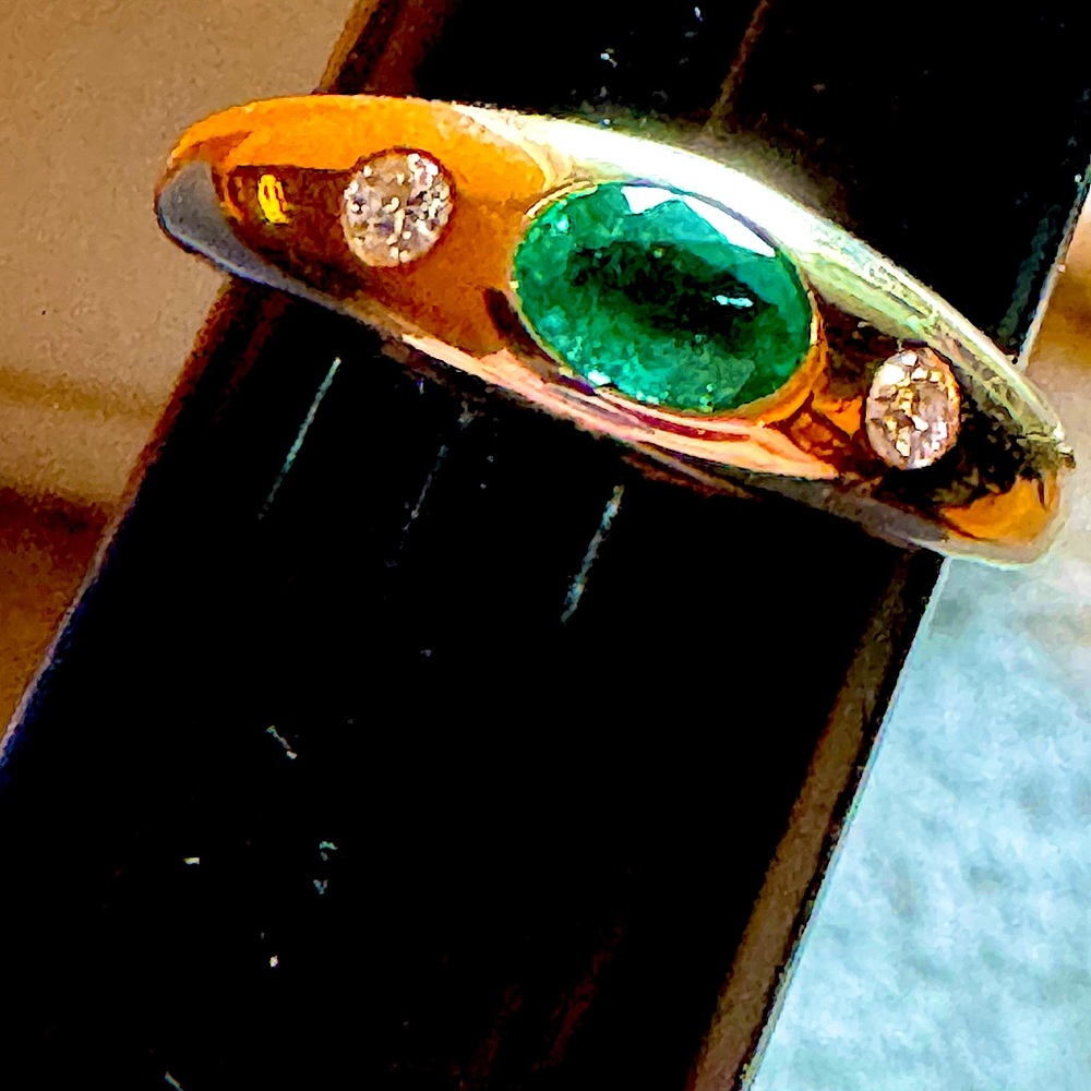 14k gold Zambian emerald natural diamond 3 stone gypsy ring